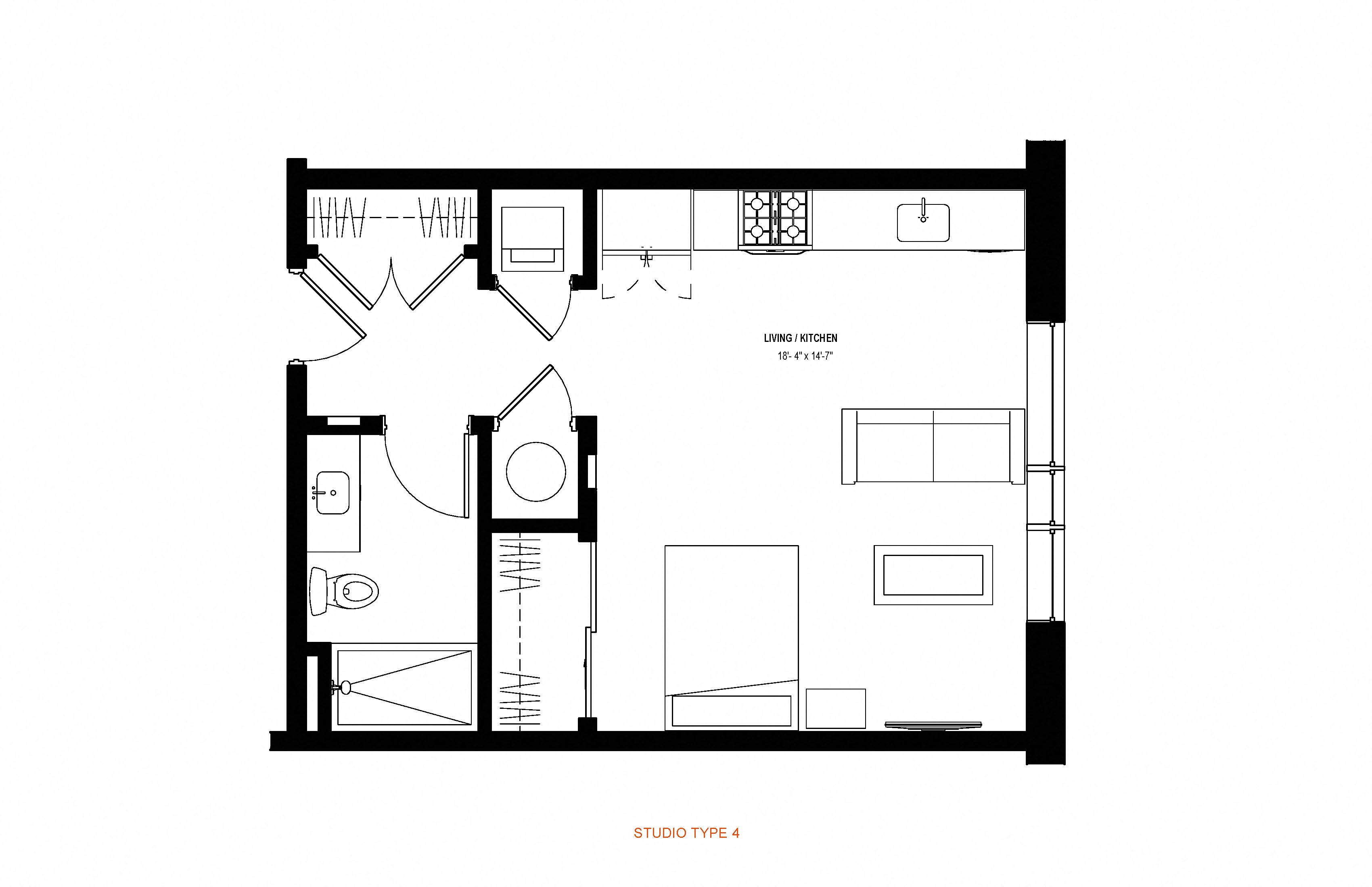 Floor plan for studio, 1 bath, 483 sqft